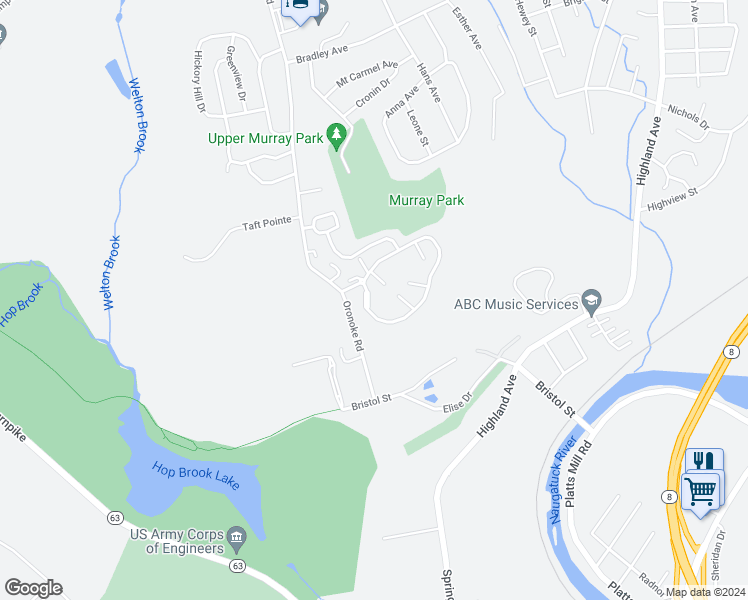 map of restaurants, bars, coffee shops, grocery stores, and more near 925 Oronoke Road in Waterbury