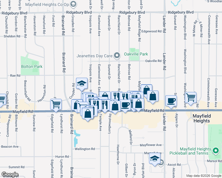 map of restaurants, bars, coffee shops, grocery stores, and more near 1379 Summit Drive in Mayfield Heights