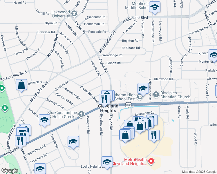 map of restaurants, bars, coffee shops, grocery stores, and more near 2482 North Taylor Road in Cleveland Heights