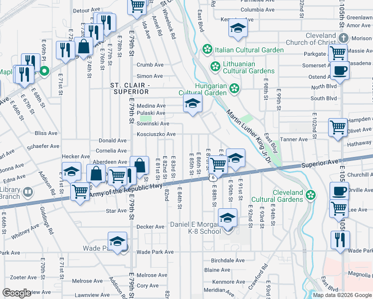 map of restaurants, bars, coffee shops, grocery stores, and more near 1184 East 85th Street in Cleveland