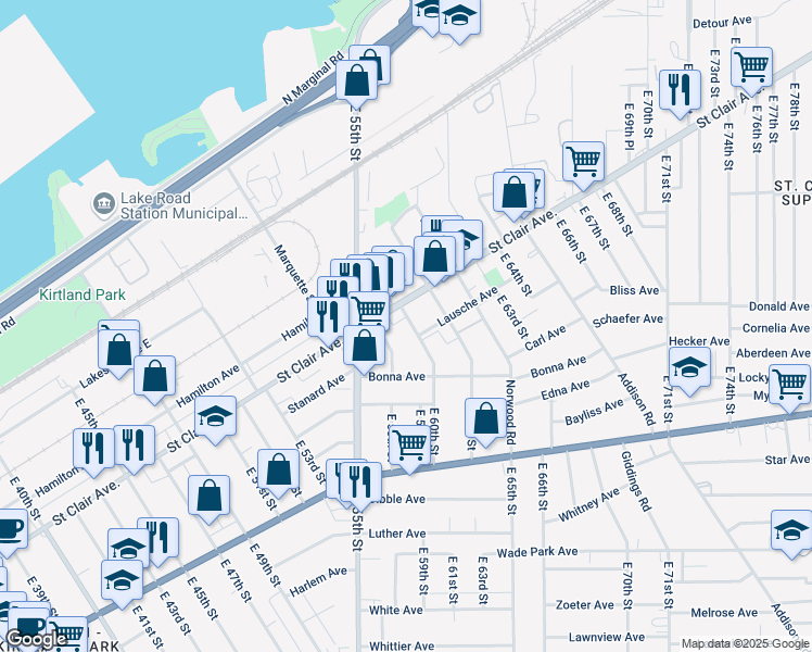 map of restaurants, bars, coffee shops, grocery stores, and more near 6016 Saint Clair Avenue in Cleveland