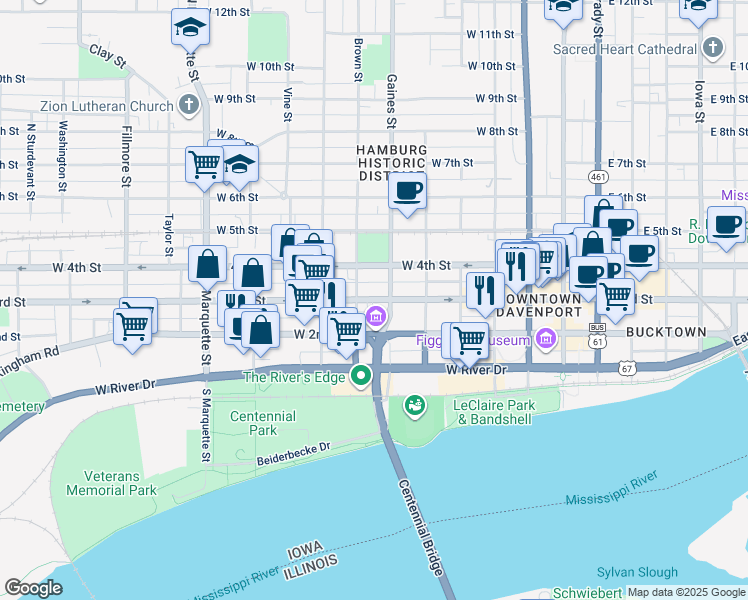 map of restaurants, bars, coffee shops, grocery stores, and more near in Davenport