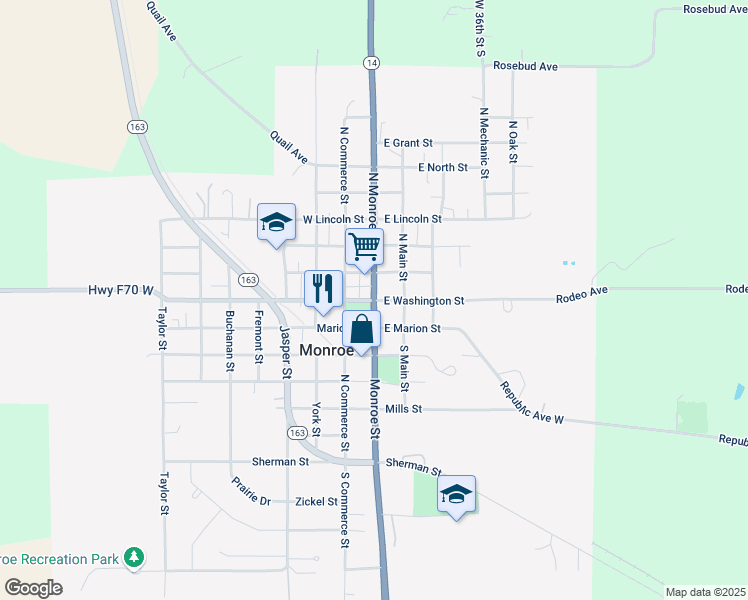 map of restaurants, bars, coffee shops, grocery stores, and more near 216 North Monroe Street in Monroe