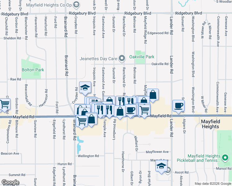 map of restaurants, bars, coffee shops, grocery stores, and more near 1379 Summit Drive in Mayfield Heights
