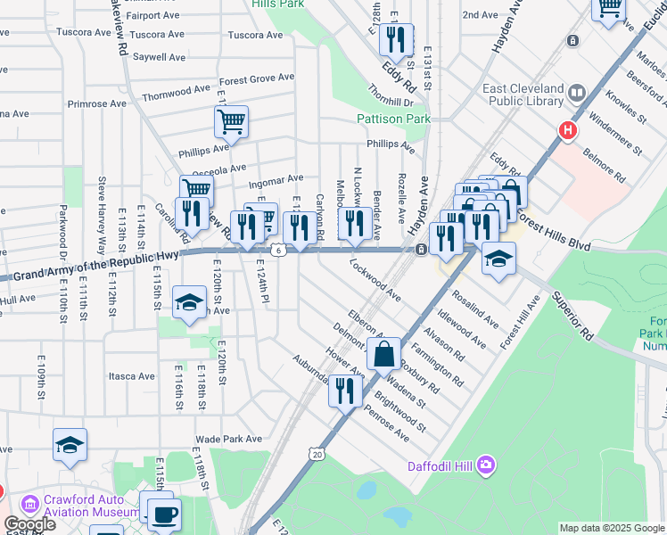map of restaurants, bars, coffee shops, grocery stores, and more near in East Cleveland