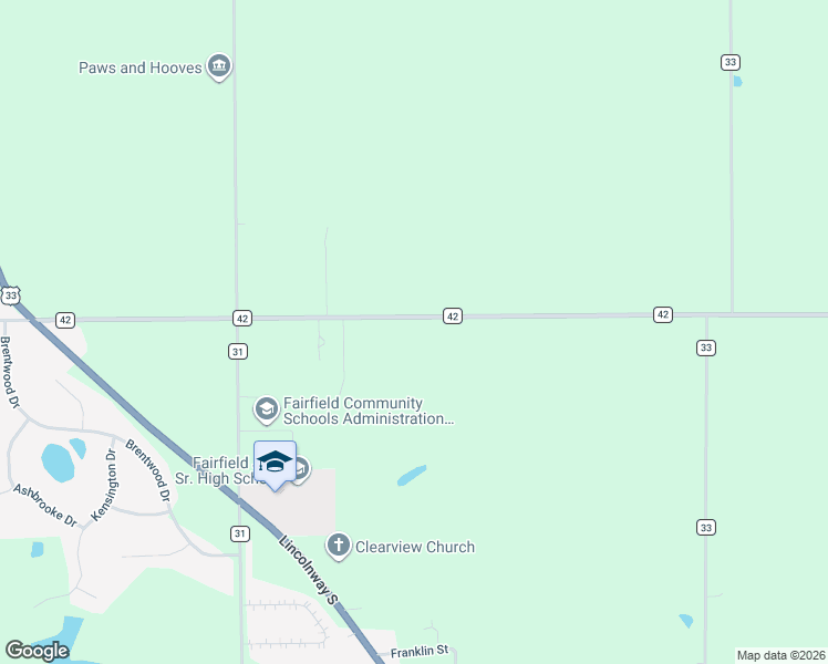 map of restaurants, bars, coffee shops, grocery stores, and more near 15677 Co Road 42 in Goshen
