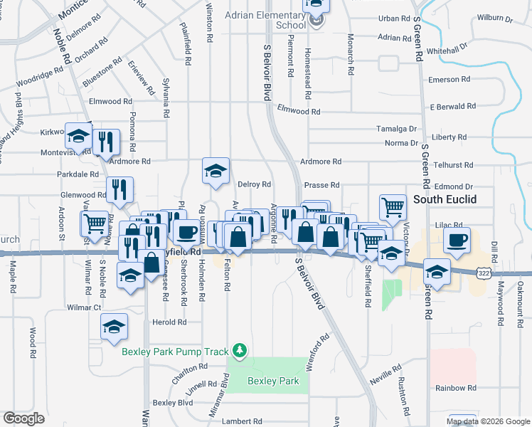 map of restaurants, bars, coffee shops, grocery stores, and more near 1352 Argonne Road in South Euclid