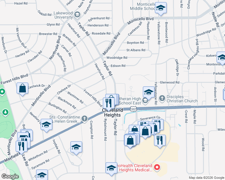 map of restaurants, bars, coffee shops, grocery stores, and more near 2482 North Taylor Road in Cleveland Heights