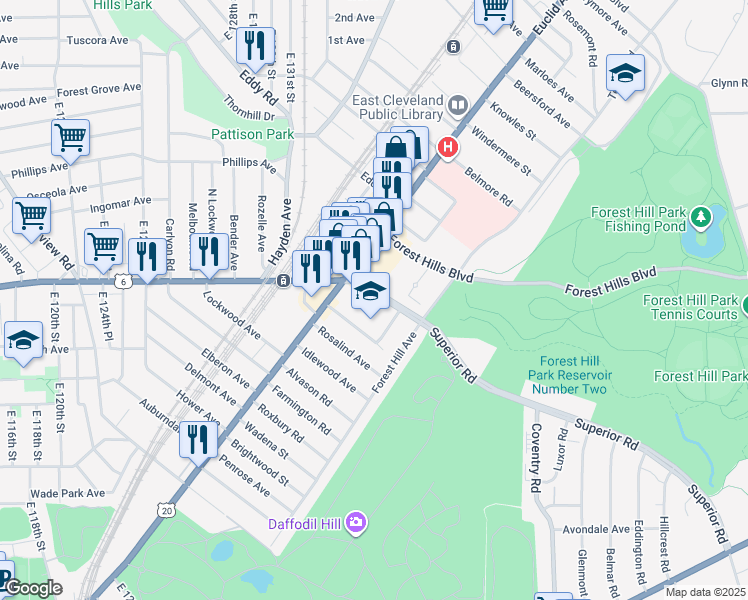 map of restaurants, bars, coffee shops, grocery stores, and more near 13540 Superior Road in East Cleveland