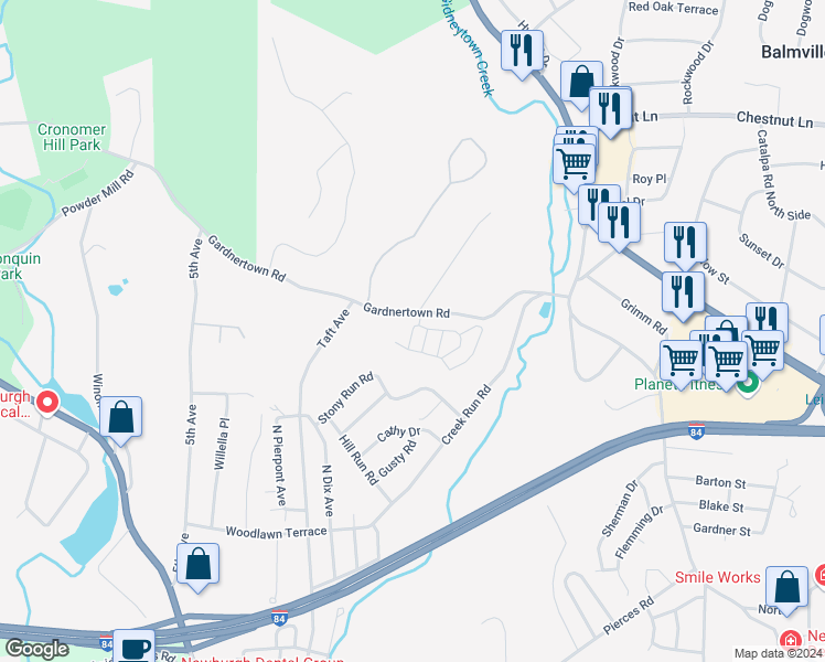 map of restaurants, bars, coffee shops, grocery stores, and more near Plainview Lane in Gardnertown