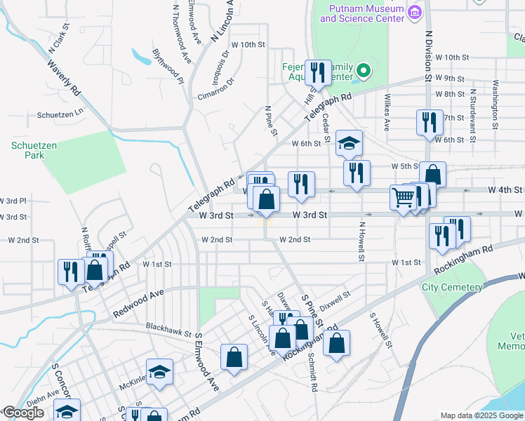 map of restaurants, bars, coffee shops, grocery stores, and more near 2202 West 3rd Street in Davenport