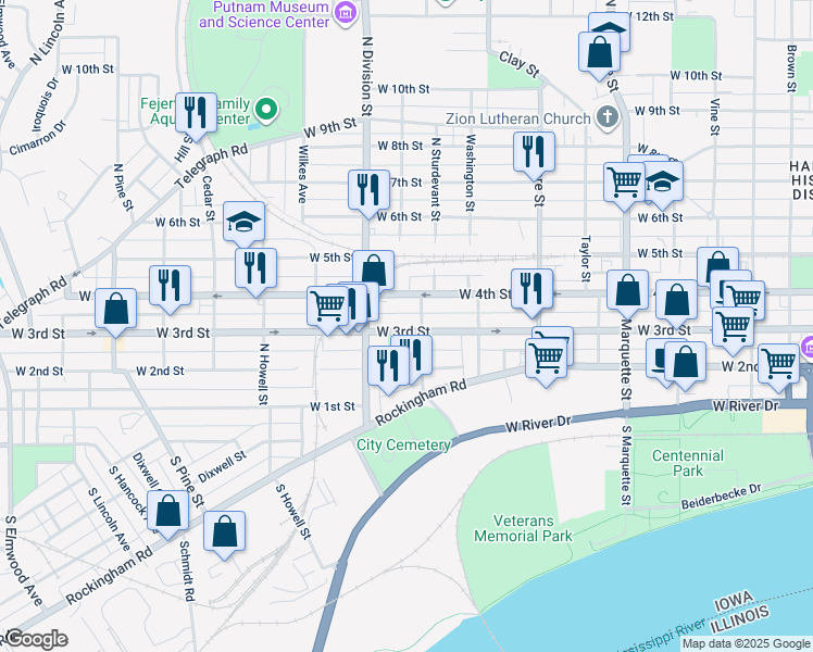 map of restaurants, bars, coffee shops, grocery stores, and more near 1625 West 4th Street in Davenport