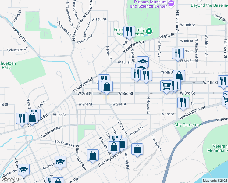 map of restaurants, bars, coffee shops, grocery stores, and more near 2122 West 3rd Street in Davenport