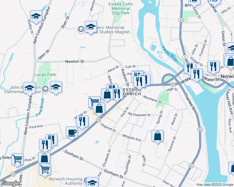 map of restaurants, bars, coffee shops, grocery stores, and more near 71 Maple Street in Norwich