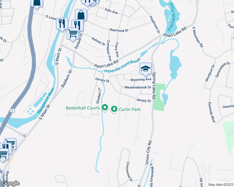 map of restaurants, bars, coffee shops, grocery stores, and more near 58 Meadowbrook Drive in Waterbury