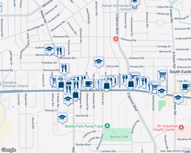 map of restaurants, bars, coffee shops, grocery stores, and more near in South Euclid