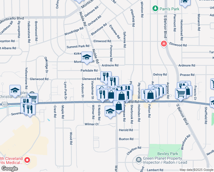 map of restaurants, bars, coffee shops, grocery stores, and more near 2920 Noble Road in Cleveland Heights
