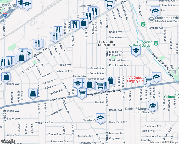 map of restaurants, bars, coffee shops, grocery stores, and more near 1169 East 76th Street in Cleveland