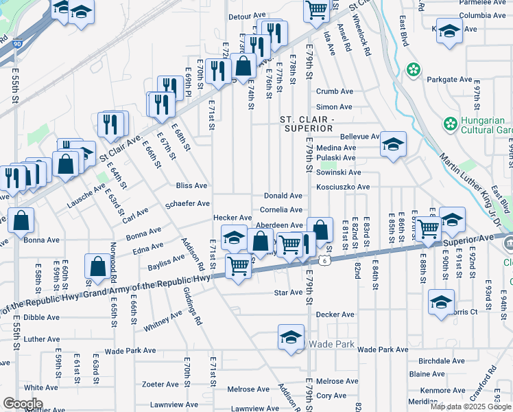 map of restaurants, bars, coffee shops, grocery stores, and more near 7306 Donald Avenue in Cleveland