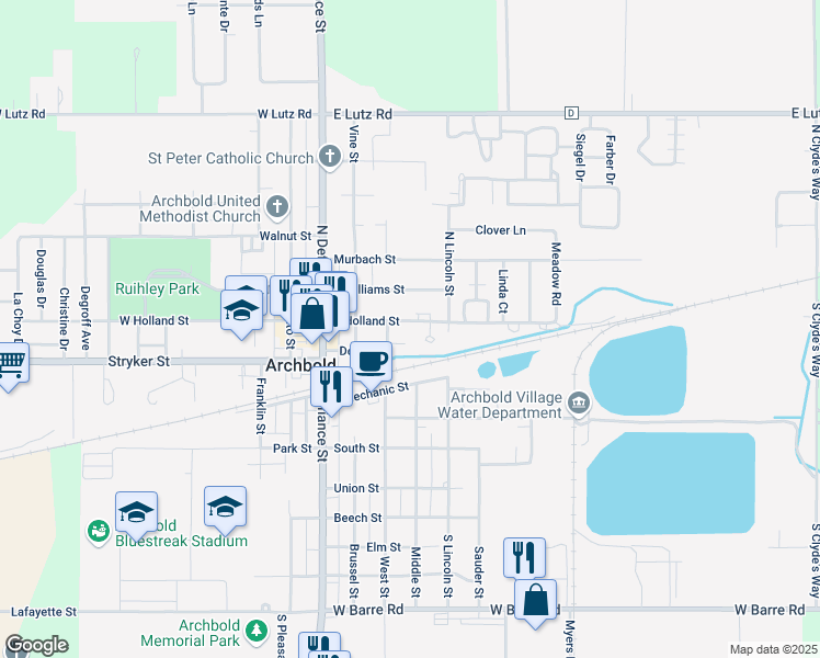 map of restaurants, bars, coffee shops, grocery stores, and more near 218 East Holland Street in Archbold