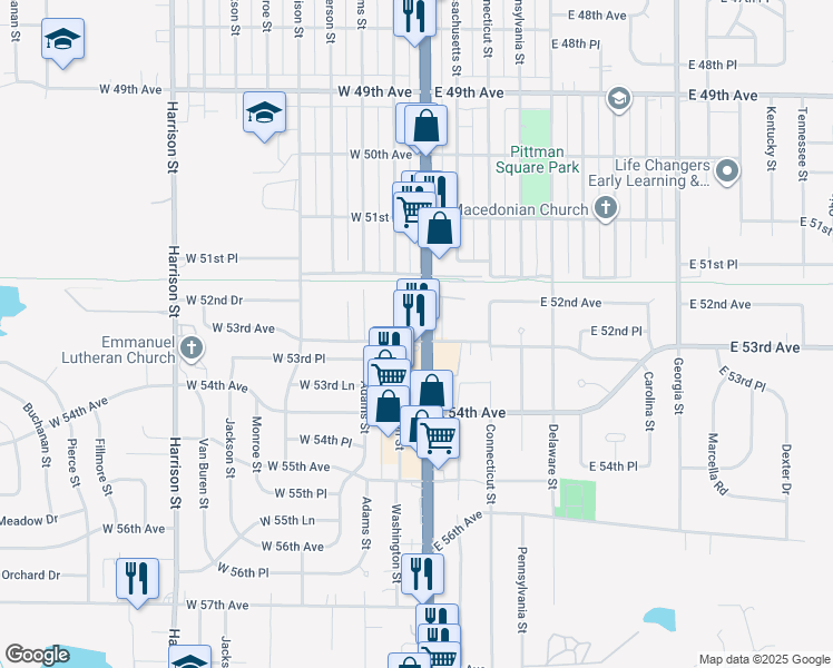 map of restaurants, bars, coffee shops, grocery stores, and more near 5271 Broadway in Merrillville