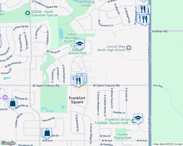 map of restaurants, bars, coffee shops, grocery stores, and more near 20164 South Frankfort Square Road in Frankfort