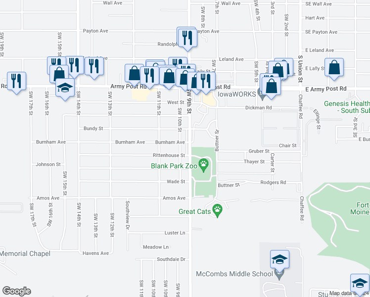 map of restaurants, bars, coffee shops, grocery stores, and more near 6701 Southwest 9th Street in Des Moines