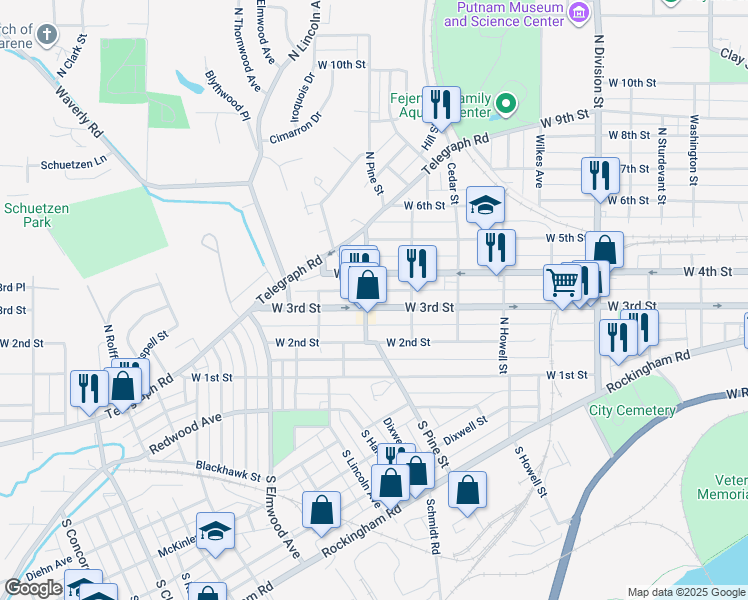 map of restaurants, bars, coffee shops, grocery stores, and more near 2146 West 3rd Street in Davenport