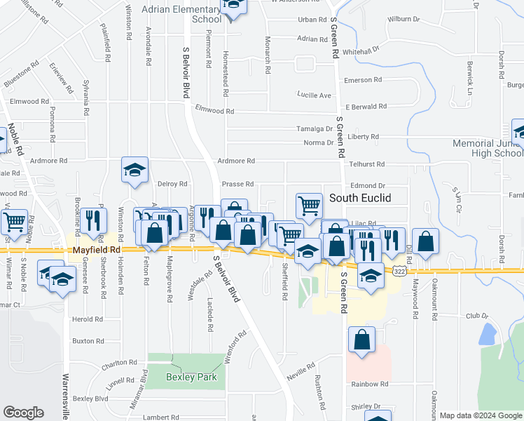 map of restaurants, bars, coffee shops, grocery stores, and more near 1373 Francis Court in South Euclid