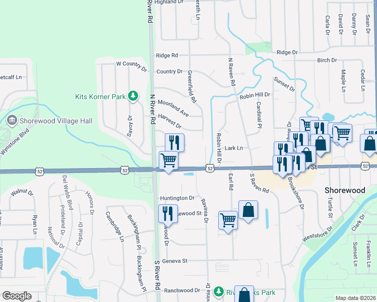 map of restaurants, bars, coffee shops, grocery stores, and more near 1110 Home Court in Shorewood