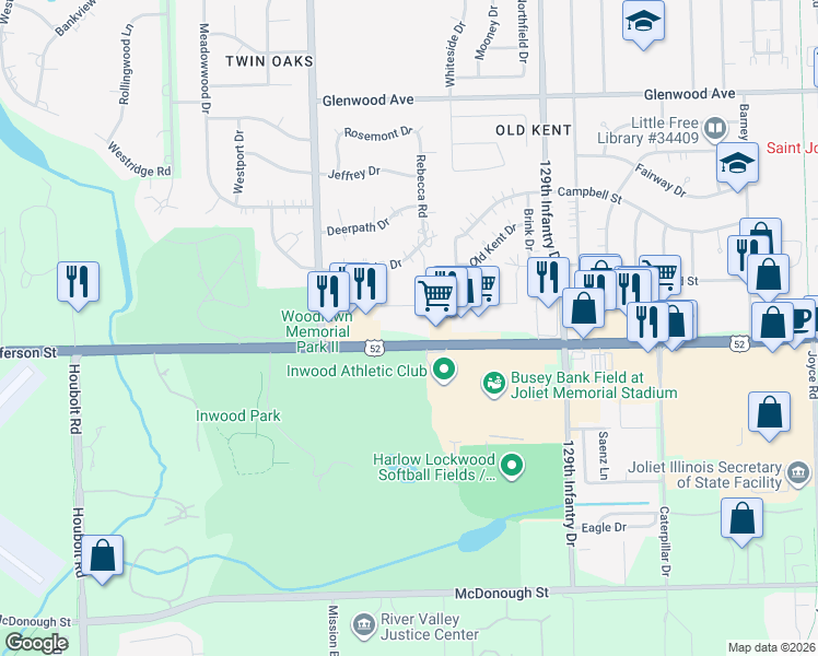 map of restaurants, bars, coffee shops, grocery stores, and more near 3033 West Jefferson Street in Joliet