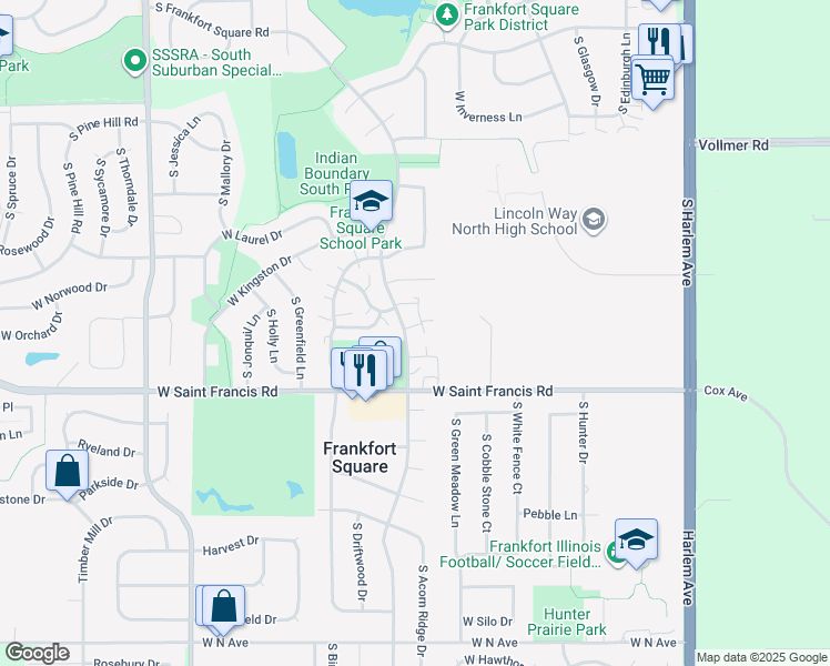 map of restaurants, bars, coffee shops, grocery stores, and more near 20206 South Frankfort Square Road in Frankfort