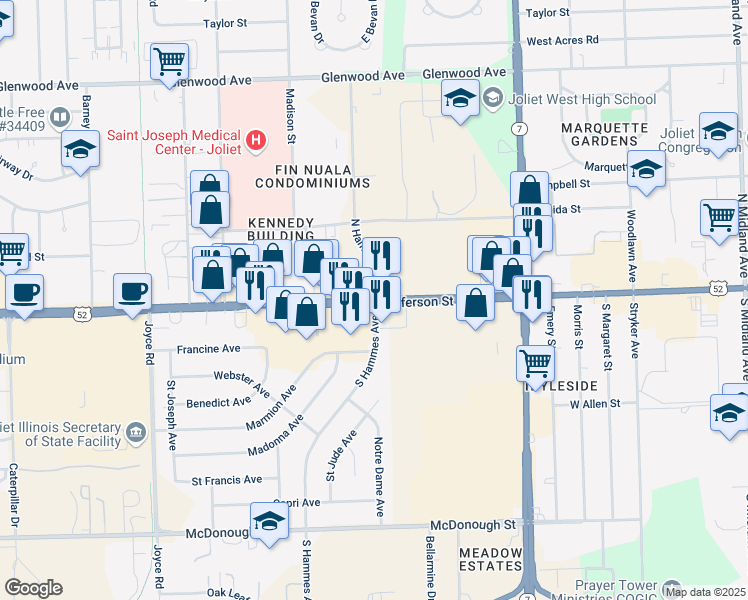 map of restaurants, bars, coffee shops, grocery stores, and more near W Jefferson St & N Hammes Ave in Joliet
