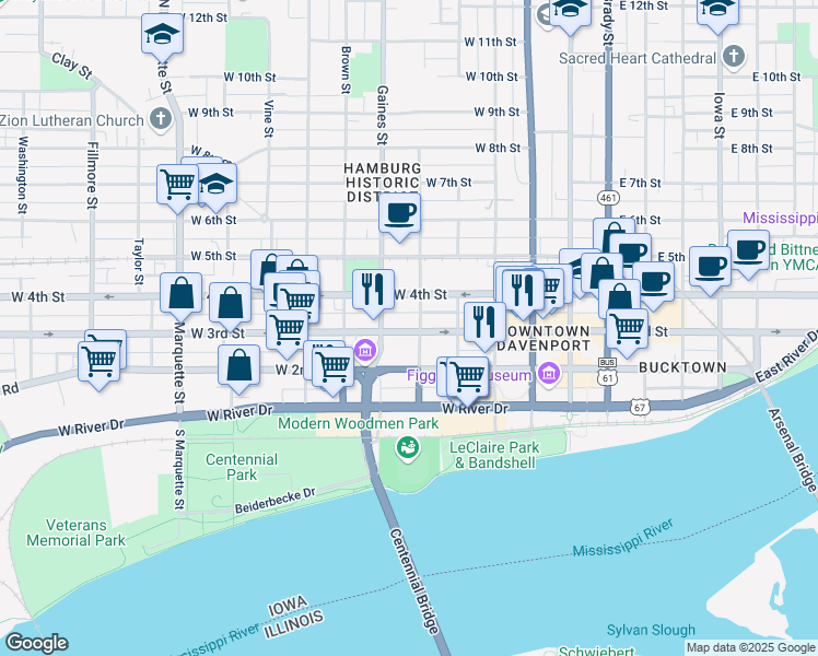 map of restaurants, bars, coffee shops, grocery stores, and more near 606 West 3rd Street in Davenport