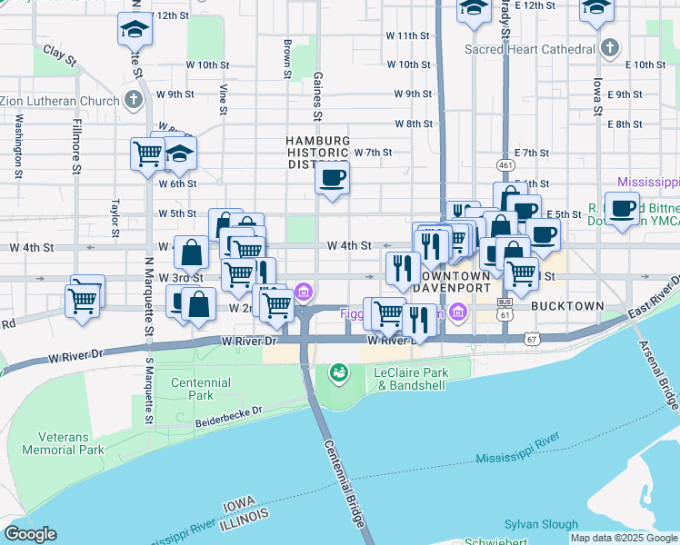 map of restaurants, bars, coffee shops, grocery stores, and more near 608 West 3rd Street in Davenport
