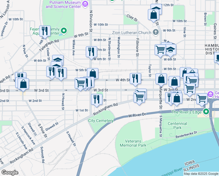 map of restaurants, bars, coffee shops, grocery stores, and more near 1540 West 3rd Street in Davenport