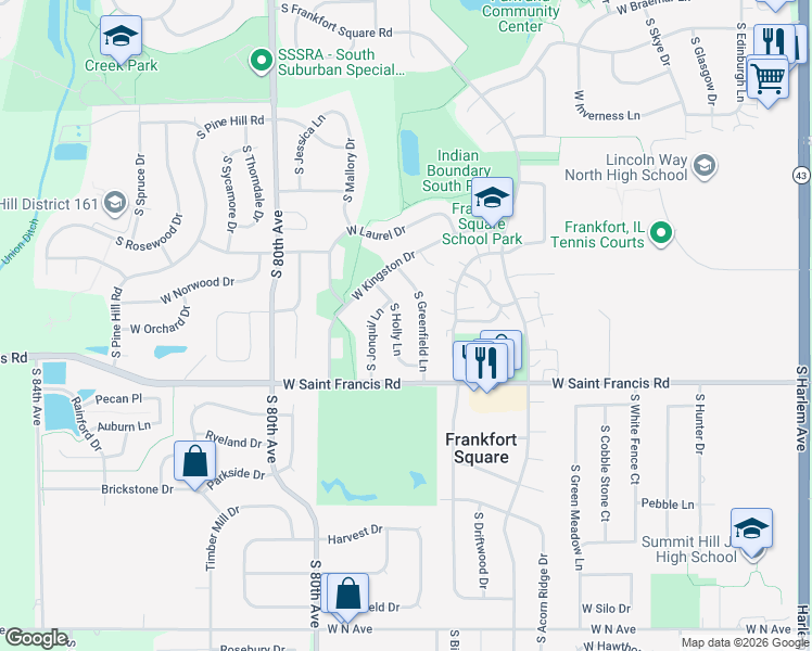 map of restaurants, bars, coffee shops, grocery stores, and more near 20154 South Greenfield Lane in Frankfort