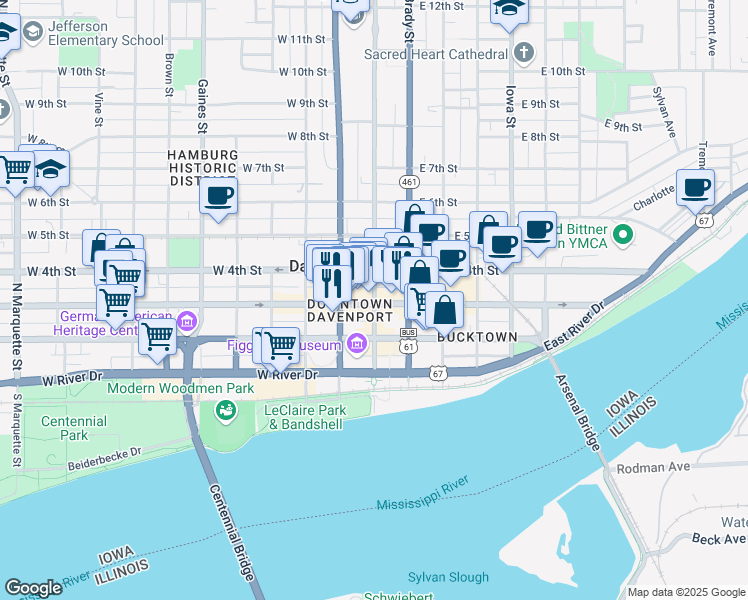 map of restaurants, bars, coffee shops, grocery stores, and more near 310 Main Street in Davenport
