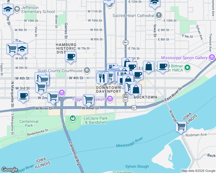 map of restaurants, bars, coffee shops, grocery stores, and more near 246 West 3rd Street in Davenport