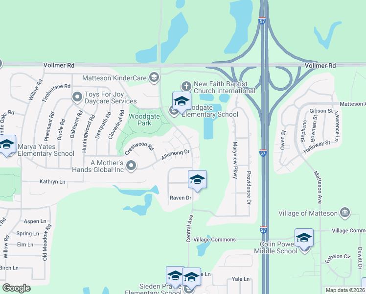map of restaurants, bars, coffee shops, grocery stores, and more near 134 Central Avenue in Matteson