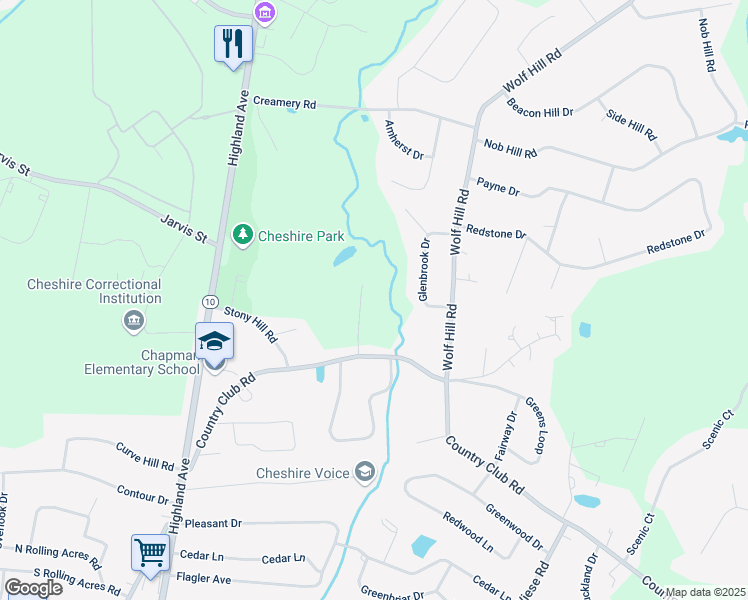 map of restaurants, bars, coffee shops, grocery stores, and more near 122 Country Club Road in Cheshire