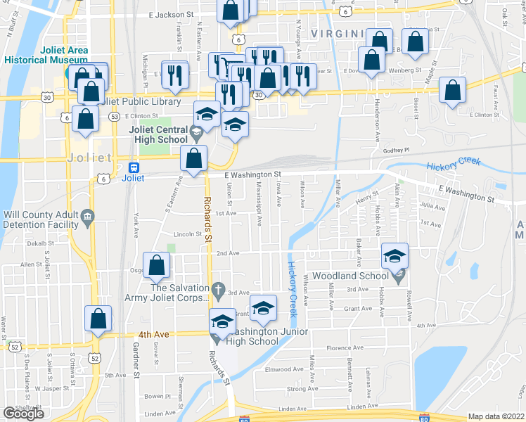 map of restaurants, bars, coffee shops, grocery stores, and more near 28 Mississippi Avenue in Joliet