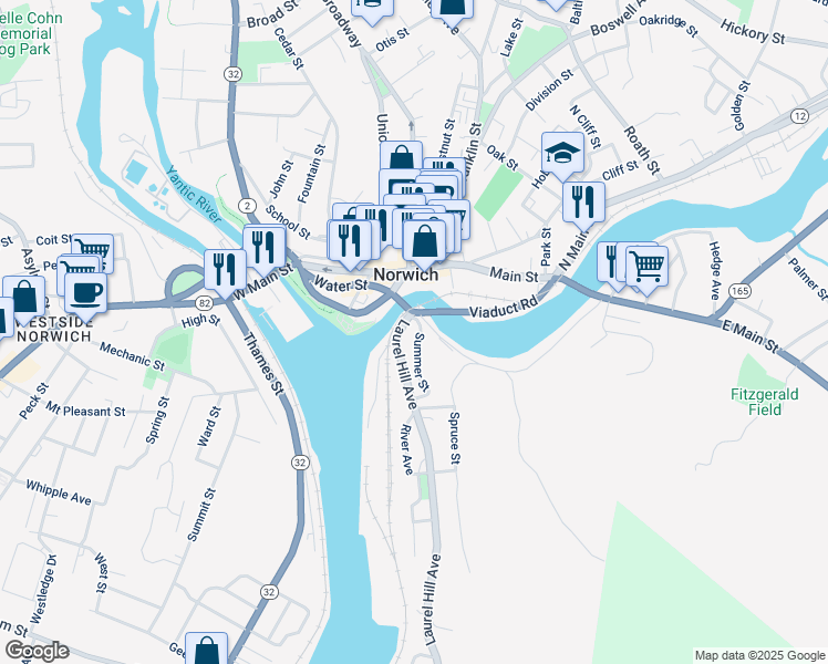 map of restaurants, bars, coffee shops, grocery stores, and more near 12 Summer Street in Norwich
