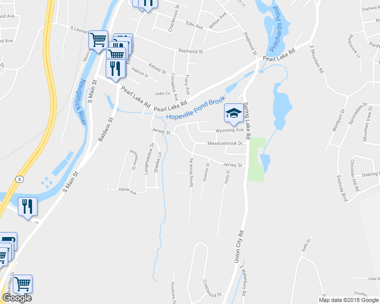 map of restaurants, bars, coffee shops, grocery stores, and more near 58 Meadowbrook Drive in Waterbury