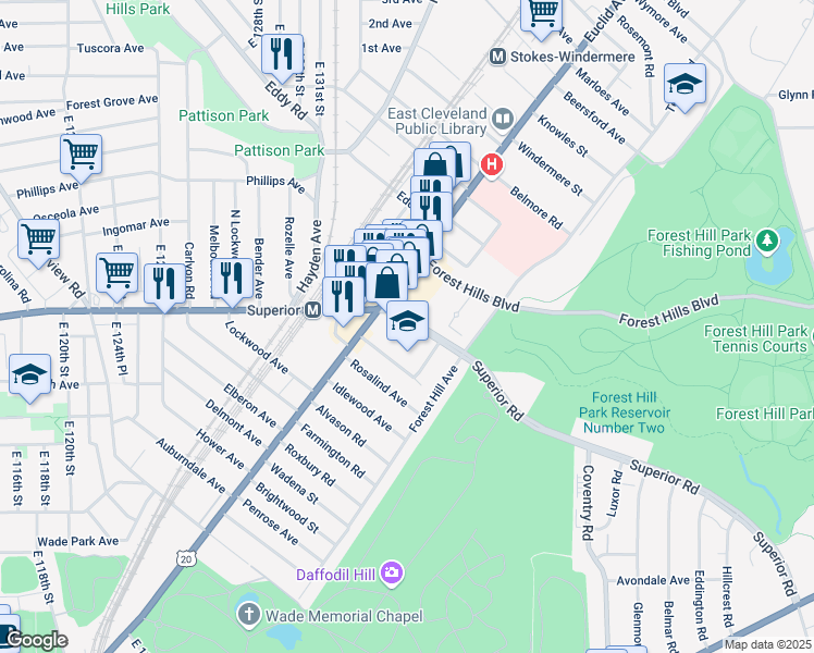 map of restaurants, bars, coffee shops, grocery stores, and more near 13534 Euclid Avenue in East Cleveland
