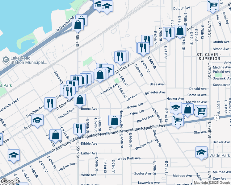 map of restaurants, bars, coffee shops, grocery stores, and more near 1114 East 63rd Street in Cleveland