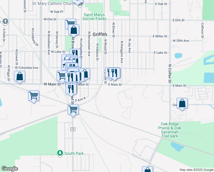 map of restaurants, bars, coffee shops, grocery stores, and more near 300 East Main Street in Griffith