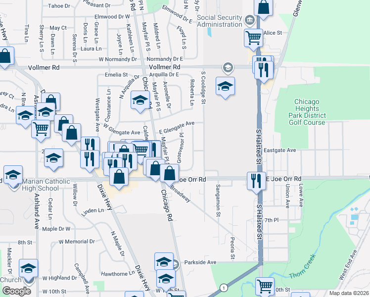 map of restaurants, bars, coffee shops, grocery stores, and more near 434 North Manchester Drive in Chicago Heights
