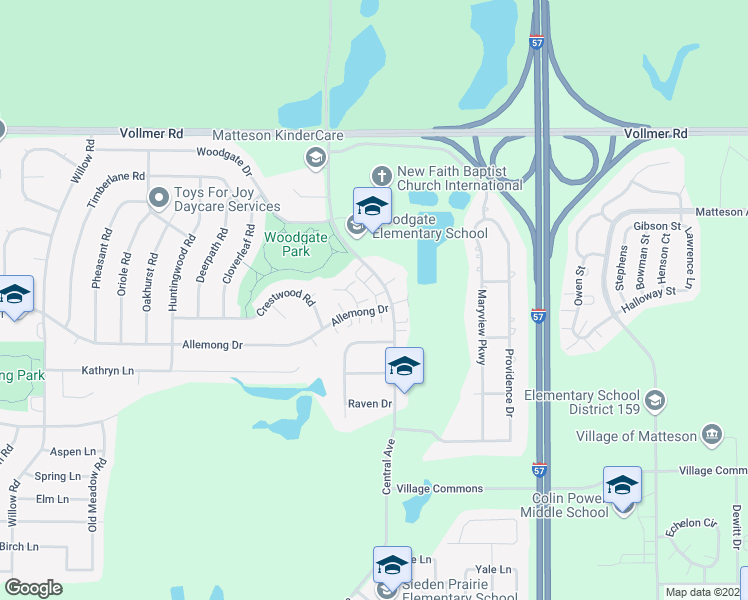 map of restaurants, bars, coffee shops, grocery stores, and more near 134 Central Avenue in Matteson