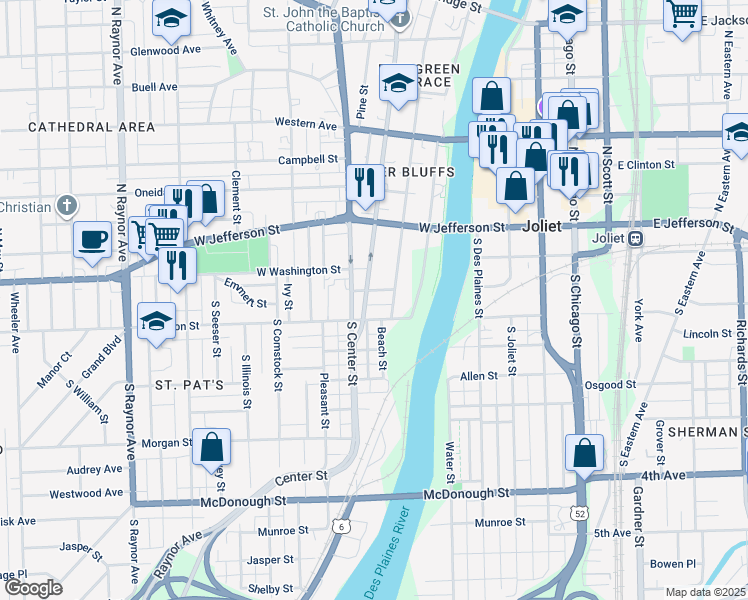map of restaurants, bars, coffee shops, grocery stores, and more near in Joliet